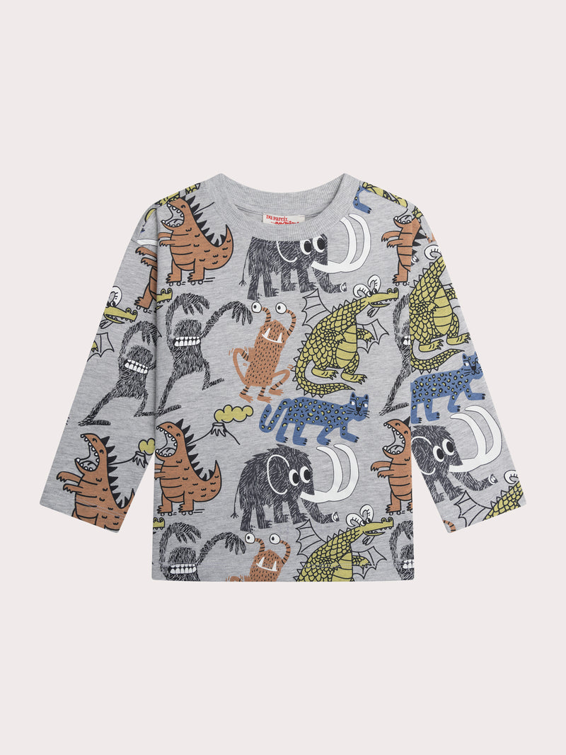 Grau meliertes T-Shirt mit Tier- und Monsterdruck