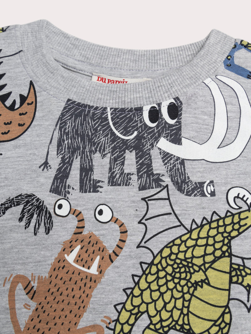 Grau meliertes T-Shirt mit Tier- und Monsterdruck