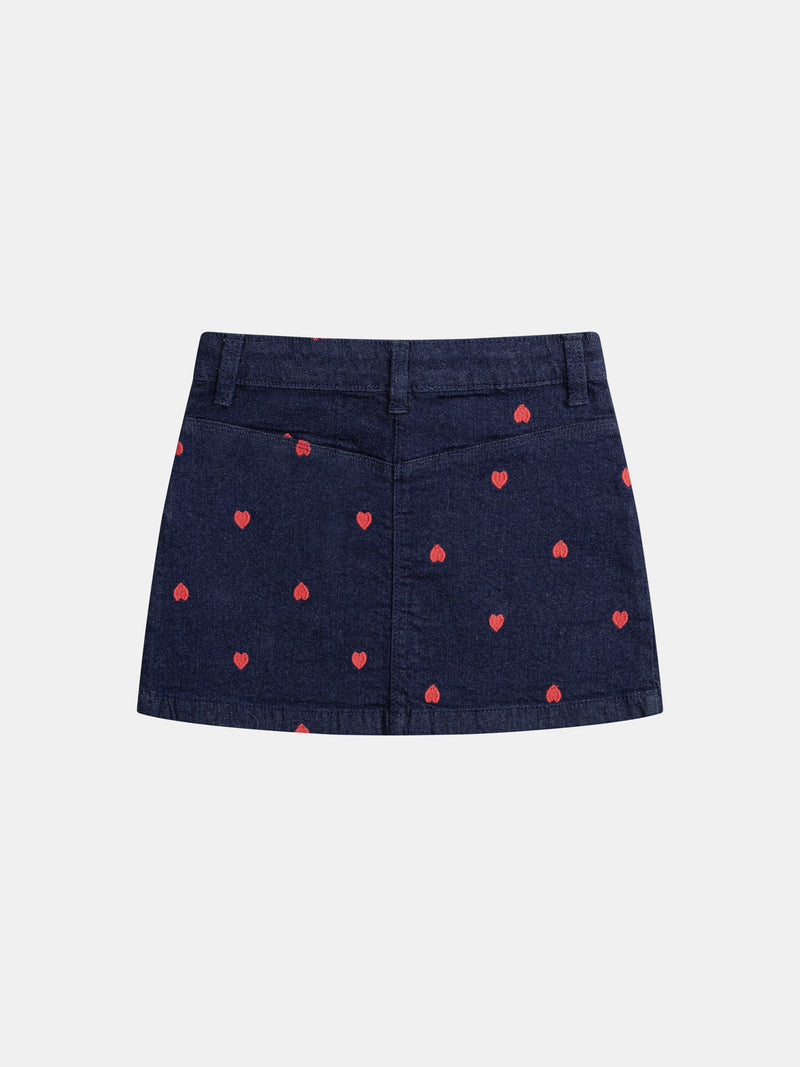Jupe bleu en denim et broderies cœur pour fille