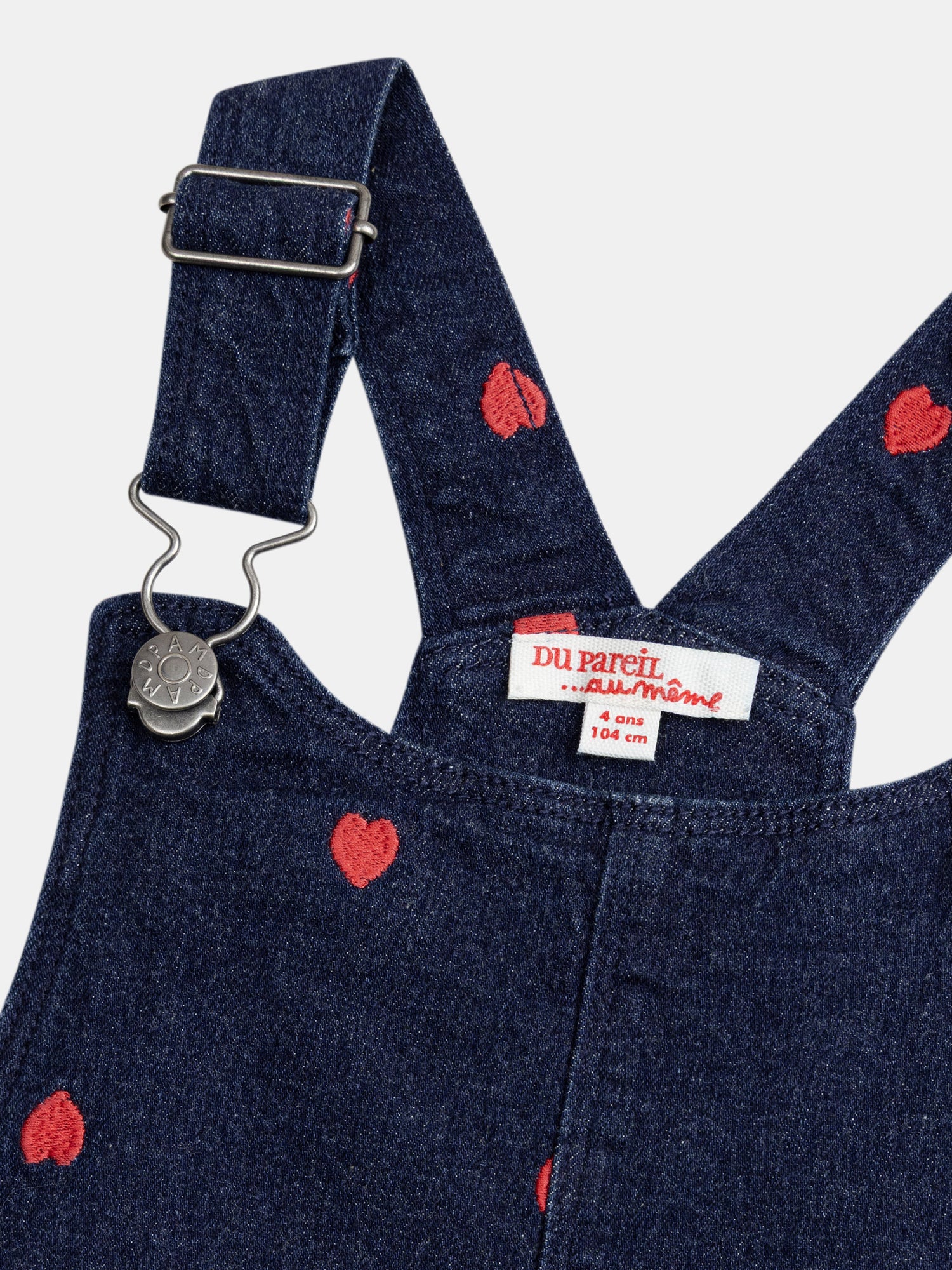 Robe-salopette bleu en denim et broderies cœur pour fille