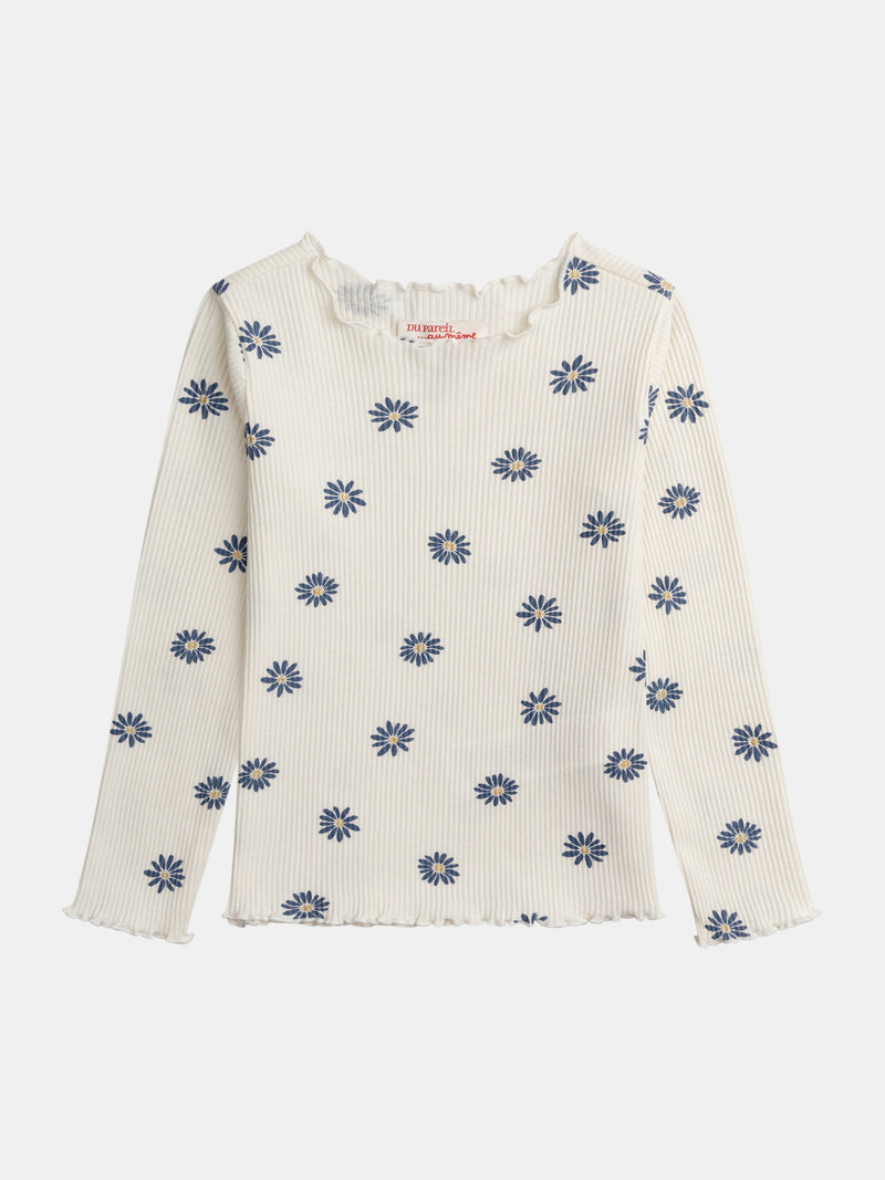 Ecru-langärmliges T-Shirt mit Blumenmuster für Mädchen