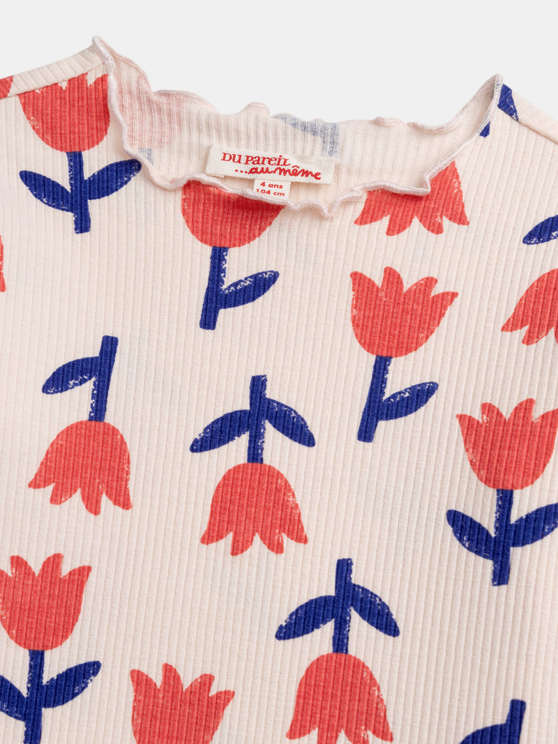 Ripp-T-Shirt mit langen Ärmel in Rosa mit Mohnblumenmotiv für Mädchen
