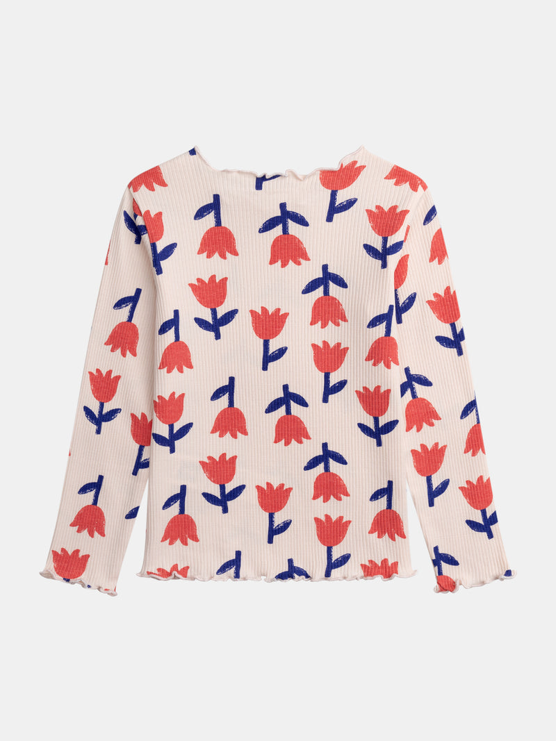 Ripp-T-Shirt mit langen Ärmel in Rosa mit Mohnblumenmotiv für Mädchen