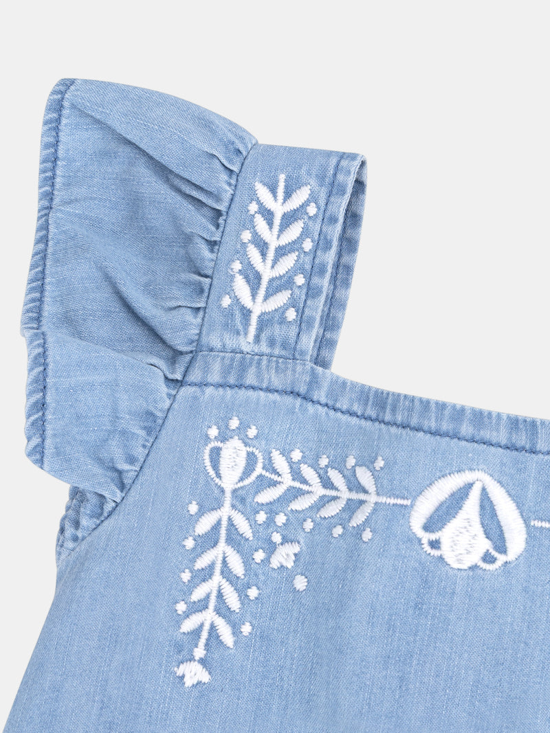 Blaue Bluse mit Blumenstickerei für Mädchen