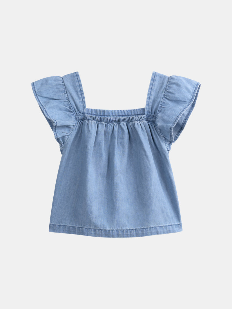 Blaue Bluse mit Blumenstickerei für Mädchen
