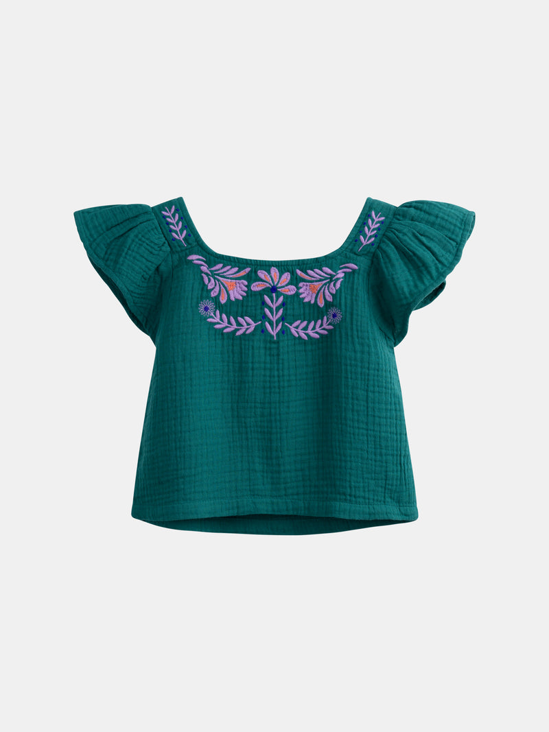 Grüne Bluse mit floralen Stickereien für Mädchen