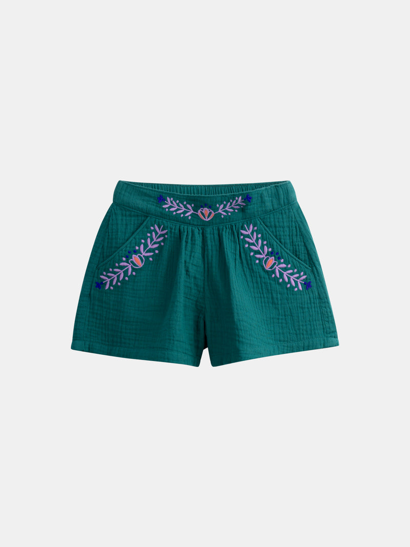 Grüne Shorts mit Blumenstickerei für Mädchen