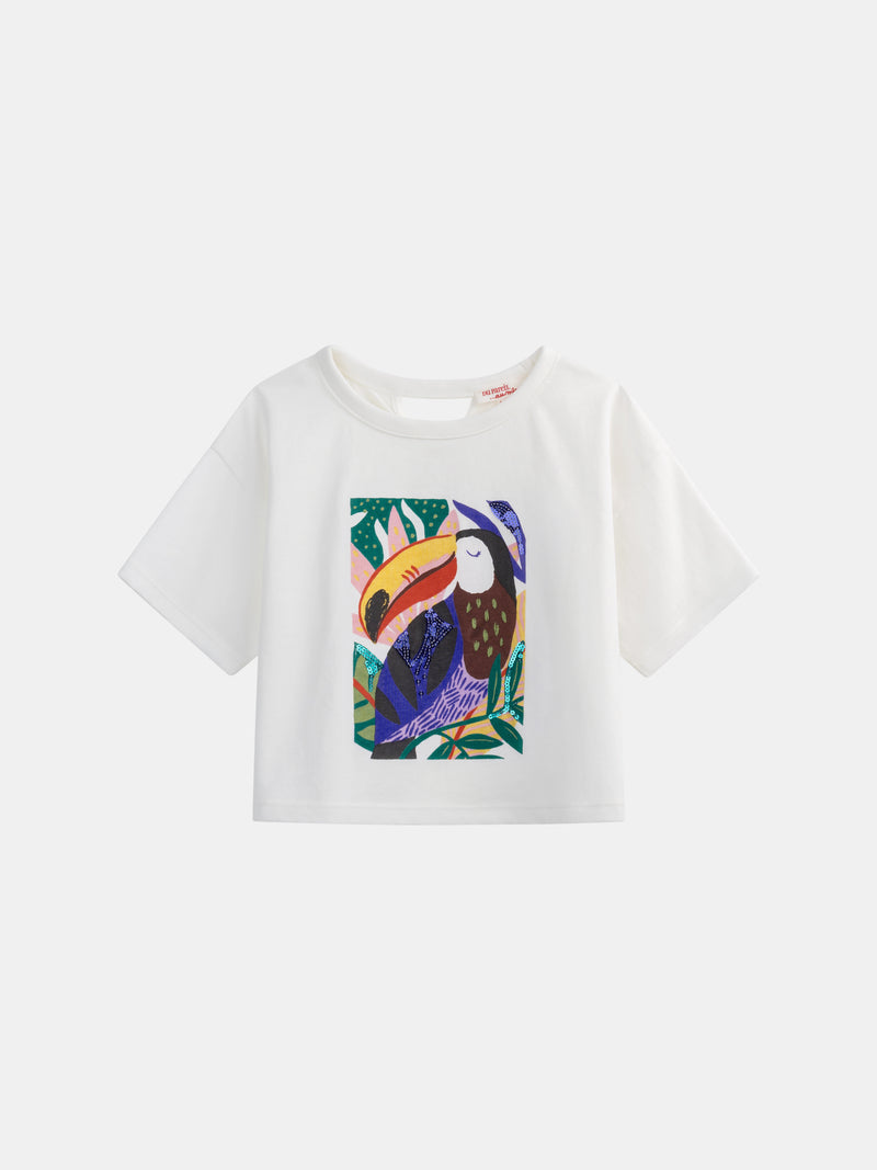 Ecru-T-Shirt mit Toucan-Animation für Mädchen