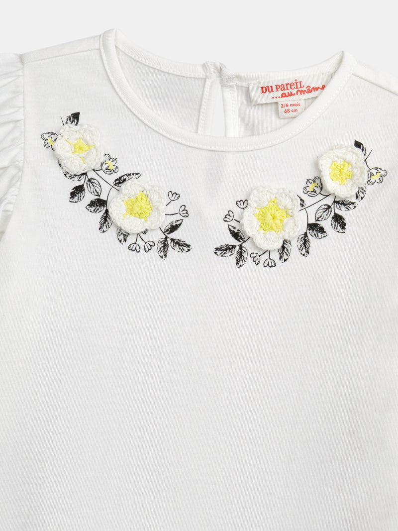 Ecru besticktes Blümchen-T-Shirt mit Rüschensleeves für Mädchen
