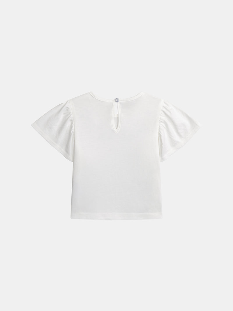 Ecru besticktes Blümchen-T-Shirt mit Rüschensleeves für Mädchen