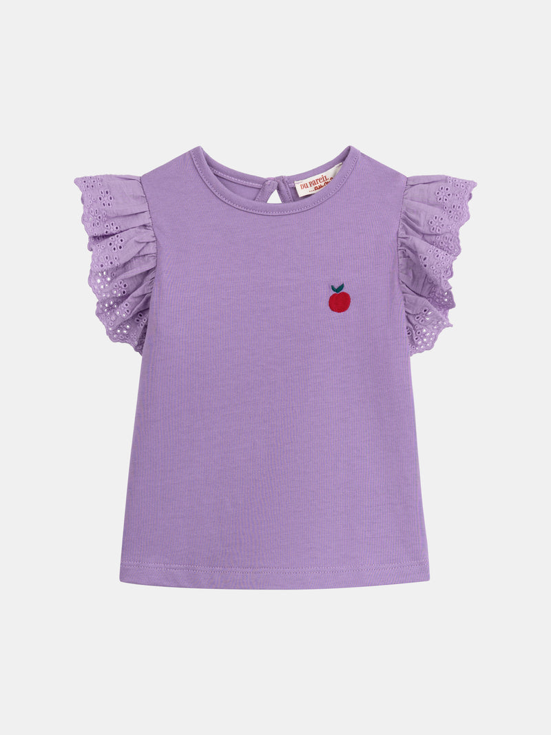 Lila T-Shirt mit Volantärmeln und besticktem Motiv für Mädchen