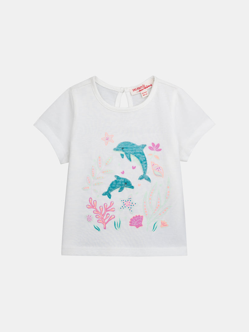 Ecru T-Shirt mit "Maritime Welt" Druck für Mädchen