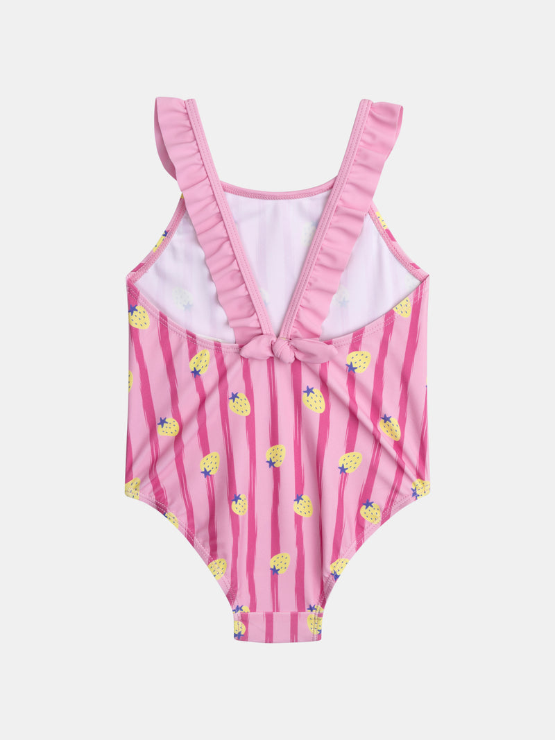 Maillot de bain 1 pièce imprimé fraises à rayures roses