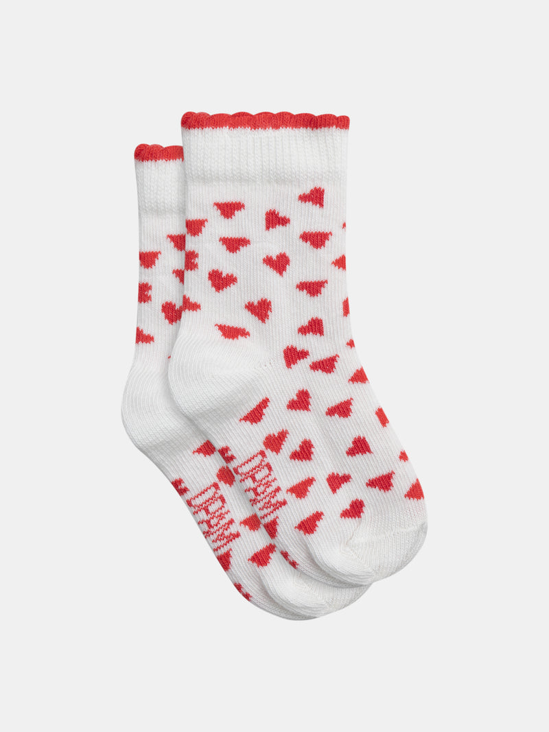 Ecru Socken mit roten Herzen für Mädchen