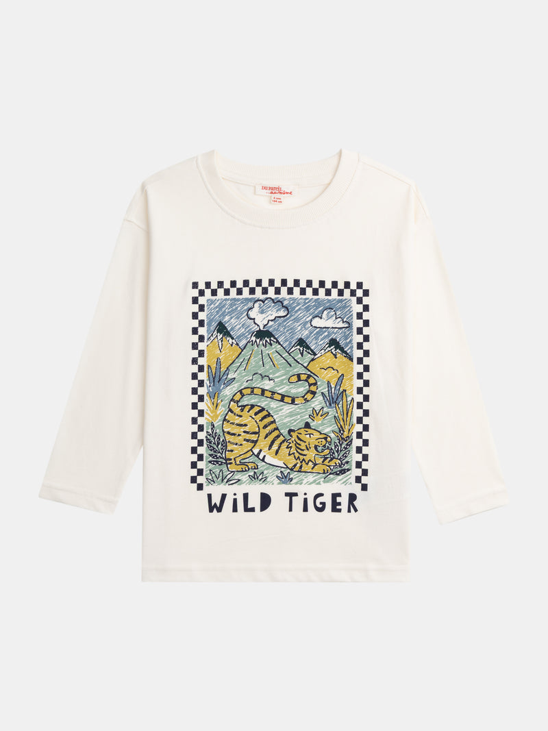 Ecru Langarm-T-Shirt mit Tigeranimation für Jungen