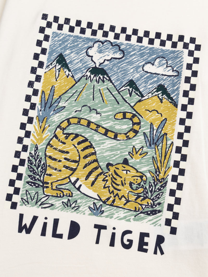 Ecru Langarm-T-Shirt mit Tigeranimation für Jungen