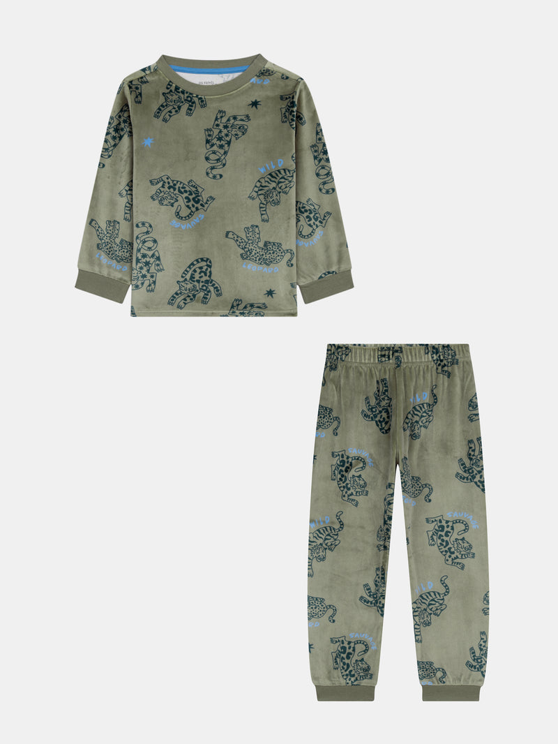 2-teiliges Pyjama aus dehnbarem Velours mit Leopardenprint für Kinder Jungen