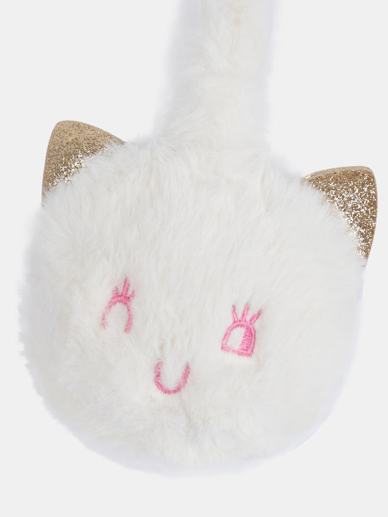 Cremefarbene Ohrenwärmer mit Katzenkopf-Motiv für Mädchen