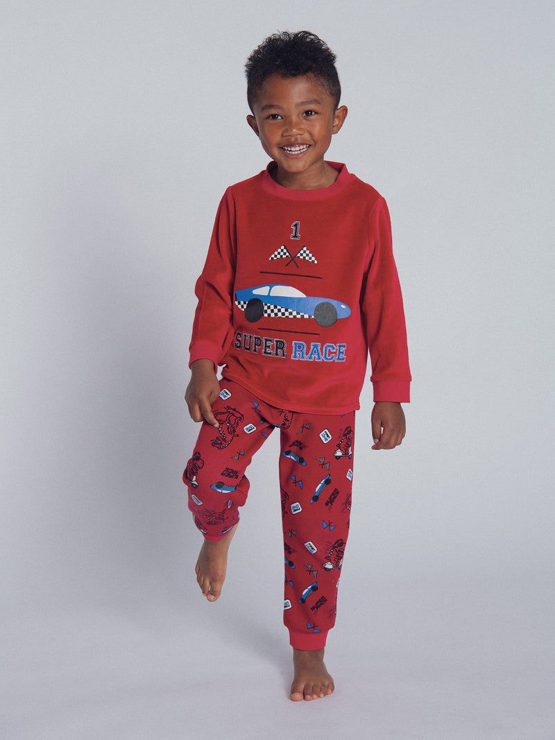 Zweiteiliges Samt-Pyjama mit Rennwagenmuster für Jungen
