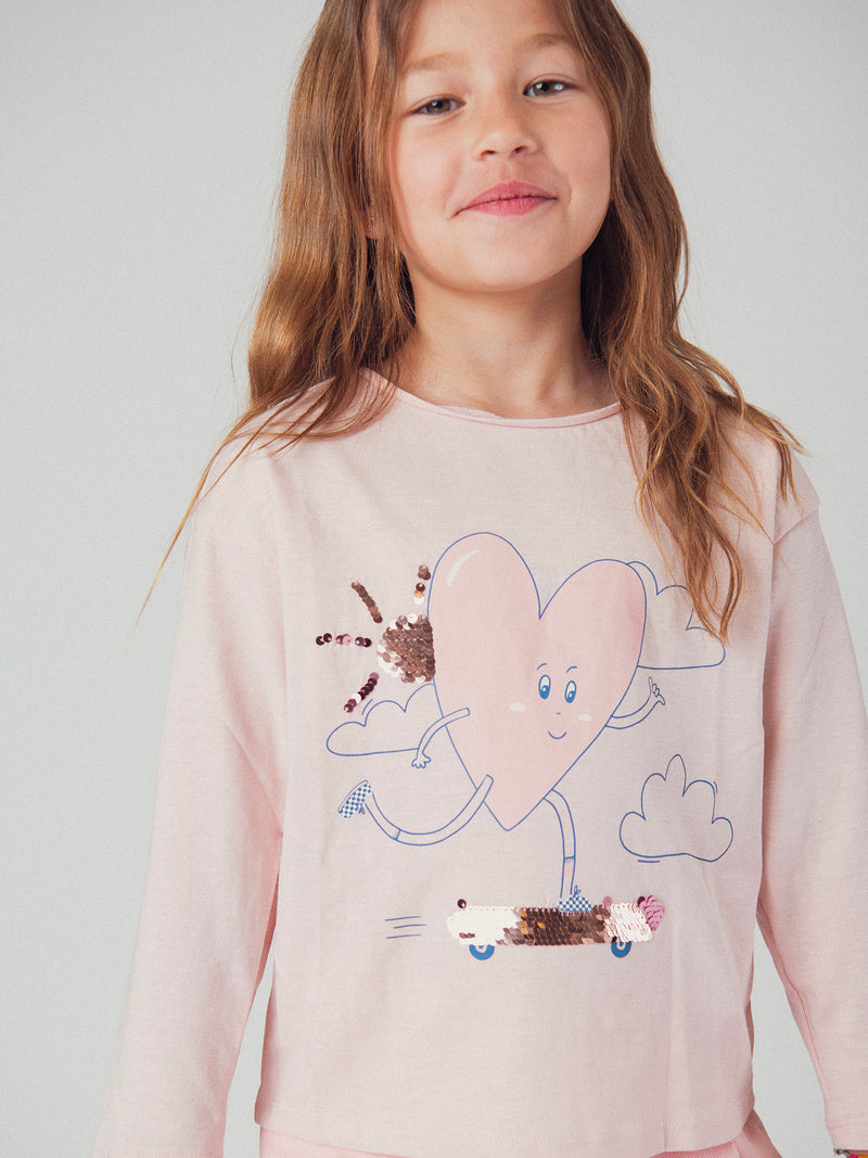 Helles rosa Langarmshirt mit Herzmotiv für Mädchen