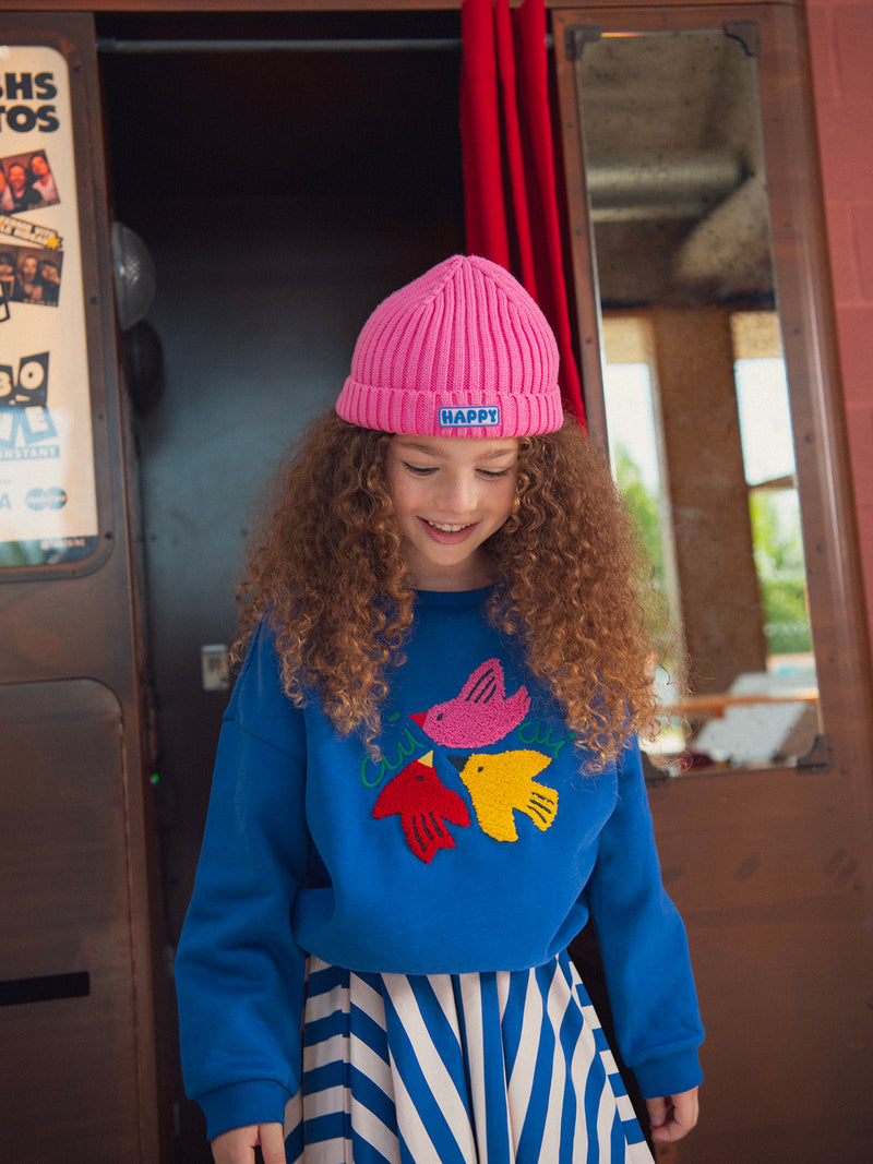 Blaues Sweatshirt mit Vogelanimation für Mädchen