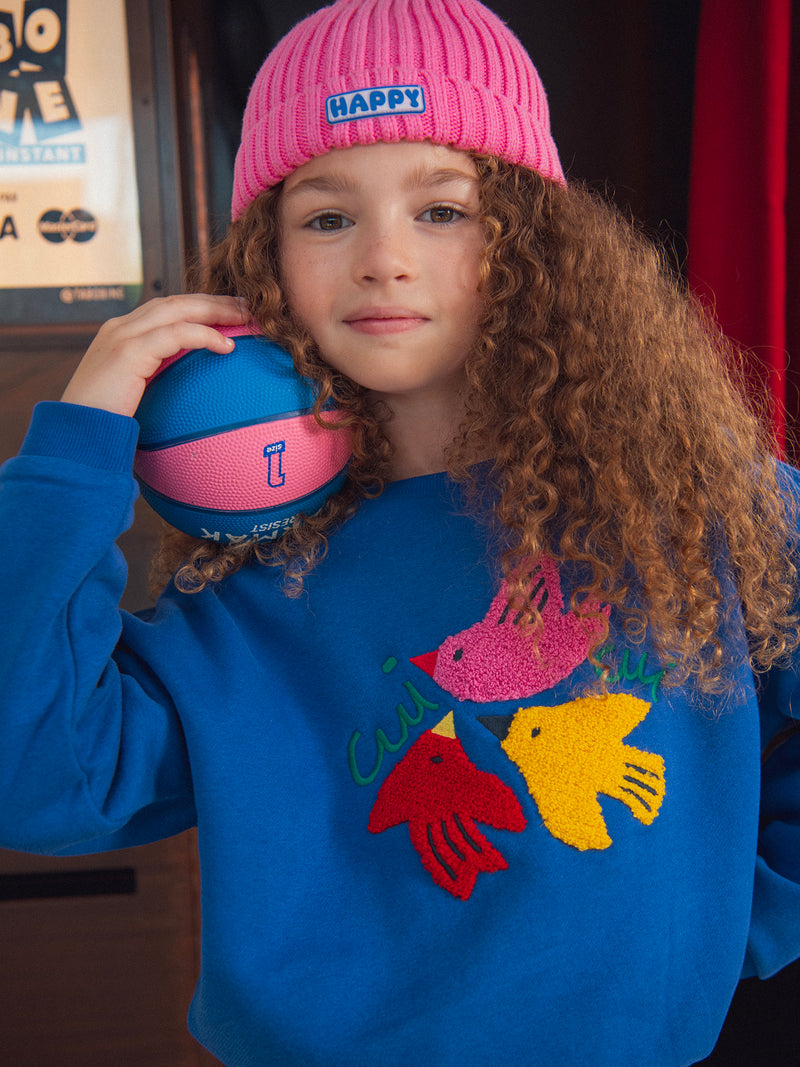 Blaues Sweatshirt mit Vogelanimation für Mädchen
