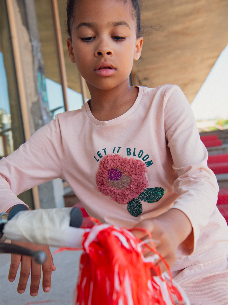 Rosa T-Shirt mit 3D-Blütenanimation und Pailletten für Mädchen