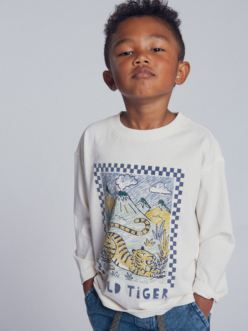 Ecru Langarm-T-Shirt mit Tigeranimation für Jungen