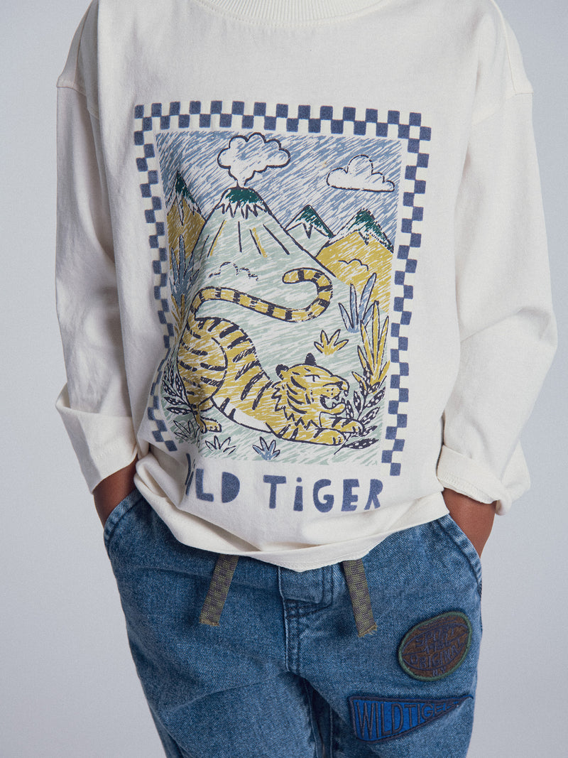 Ecru Langarm-T-Shirt mit Tigeranimation für Jungen
