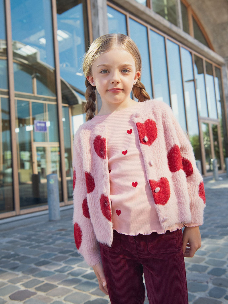 T-shirt rose à manches longues et broderies coeurs pour fille