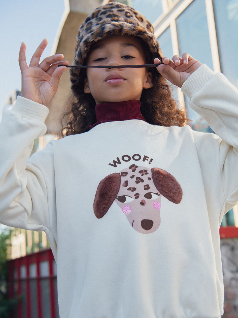 Cremefarbener Sweater mit Hundeanimation für Mädchen