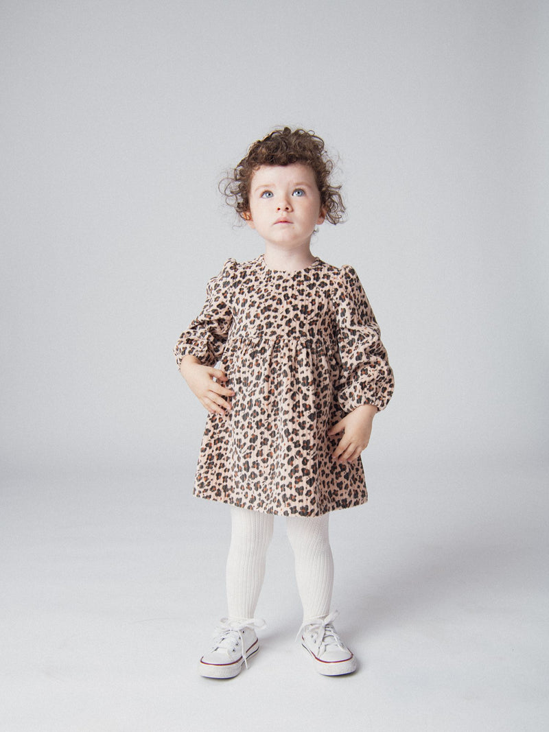 Robe en maille velours côtelé beige imprimé léopard pour bébé fille