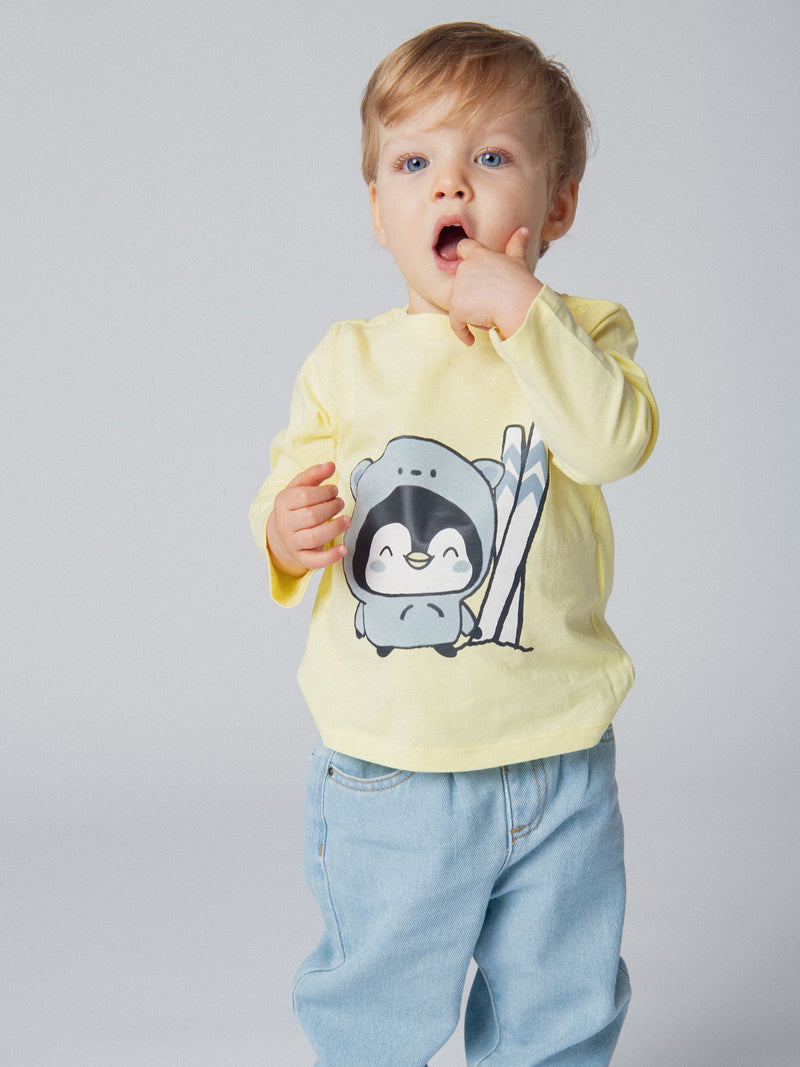 Langarm-T-Shirt aus Jersey mit Pinguin-Ski-Motiv für Jungen