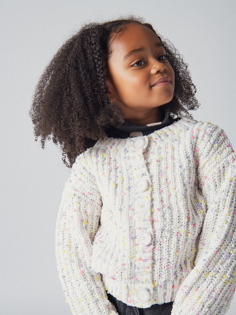 Cardigan blanc cassé en tricot avec petites boules multicolores pour fille