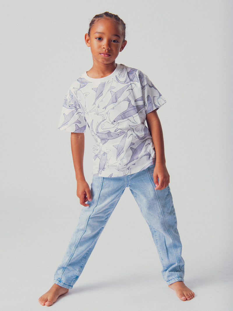 Kurzarm-T-Shirt Ecru mit Haifischdruck für Jungen