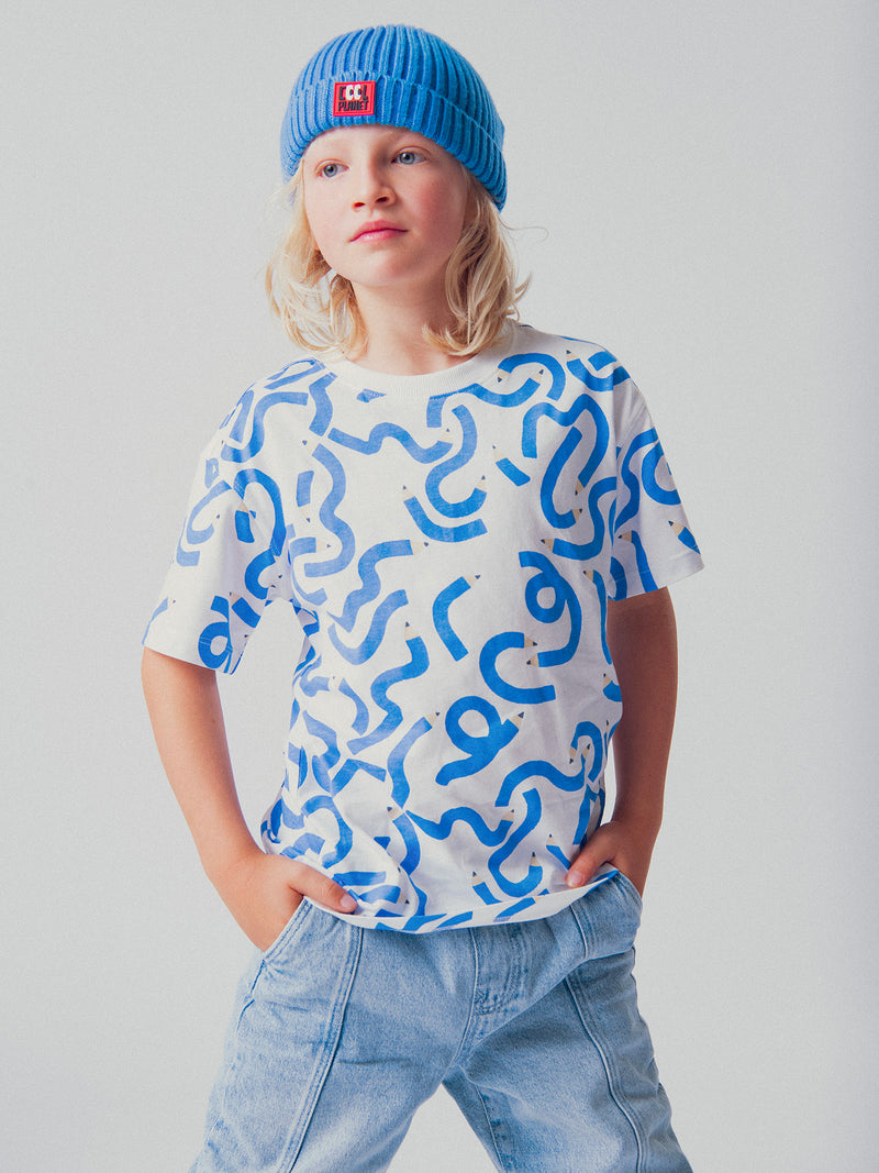 Kurzes ecru-T-Shirt mit Buntstift-Aufdruck für Jungen