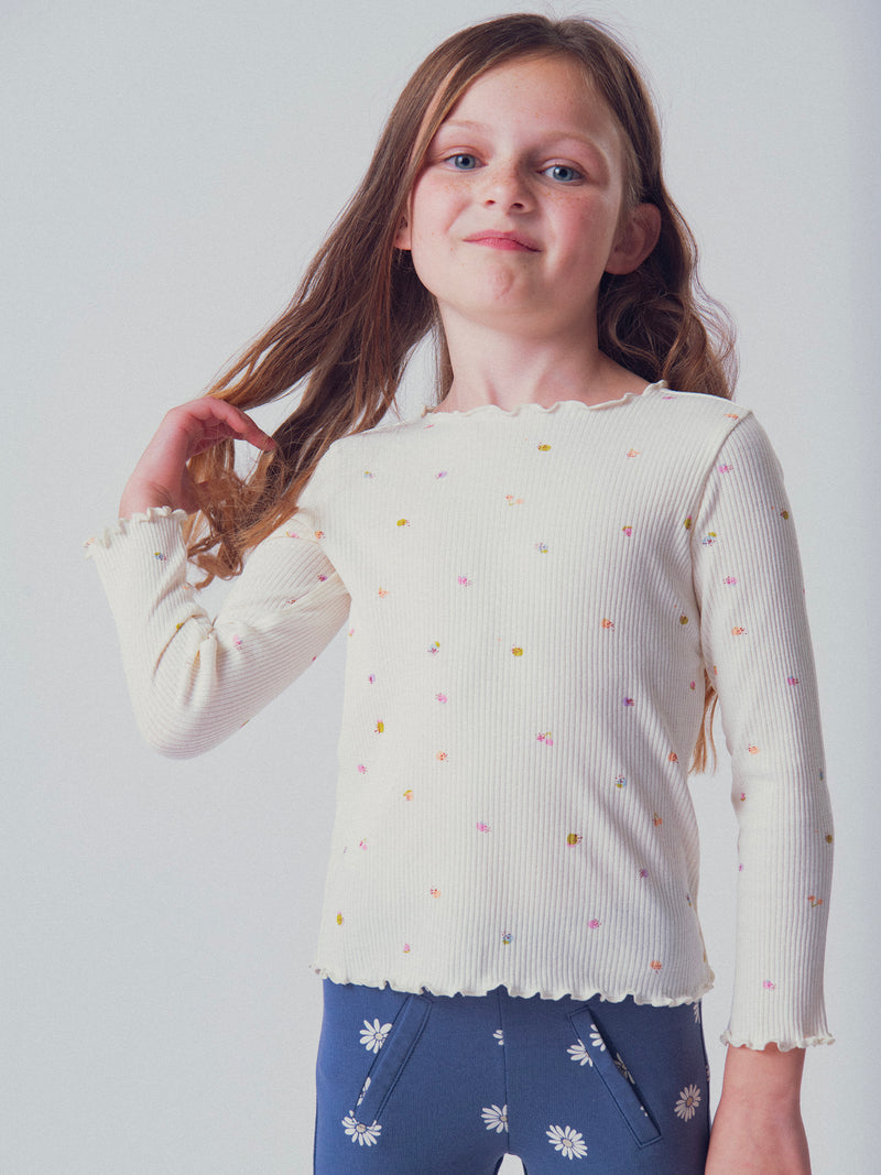 Langärmliges Ripp-T-Shirt ecru mit Fruchtaufdruck für Mädchen