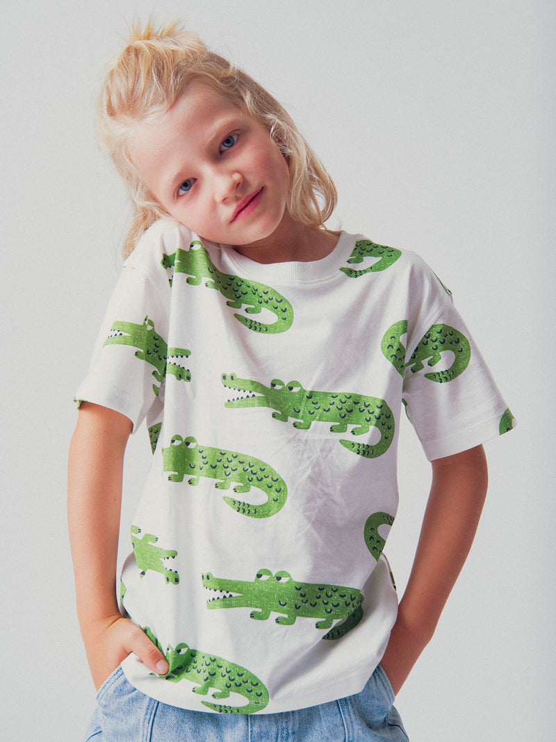 Ecru Kurzarm T-Shirt mit Krokodil-Druck für Jungen