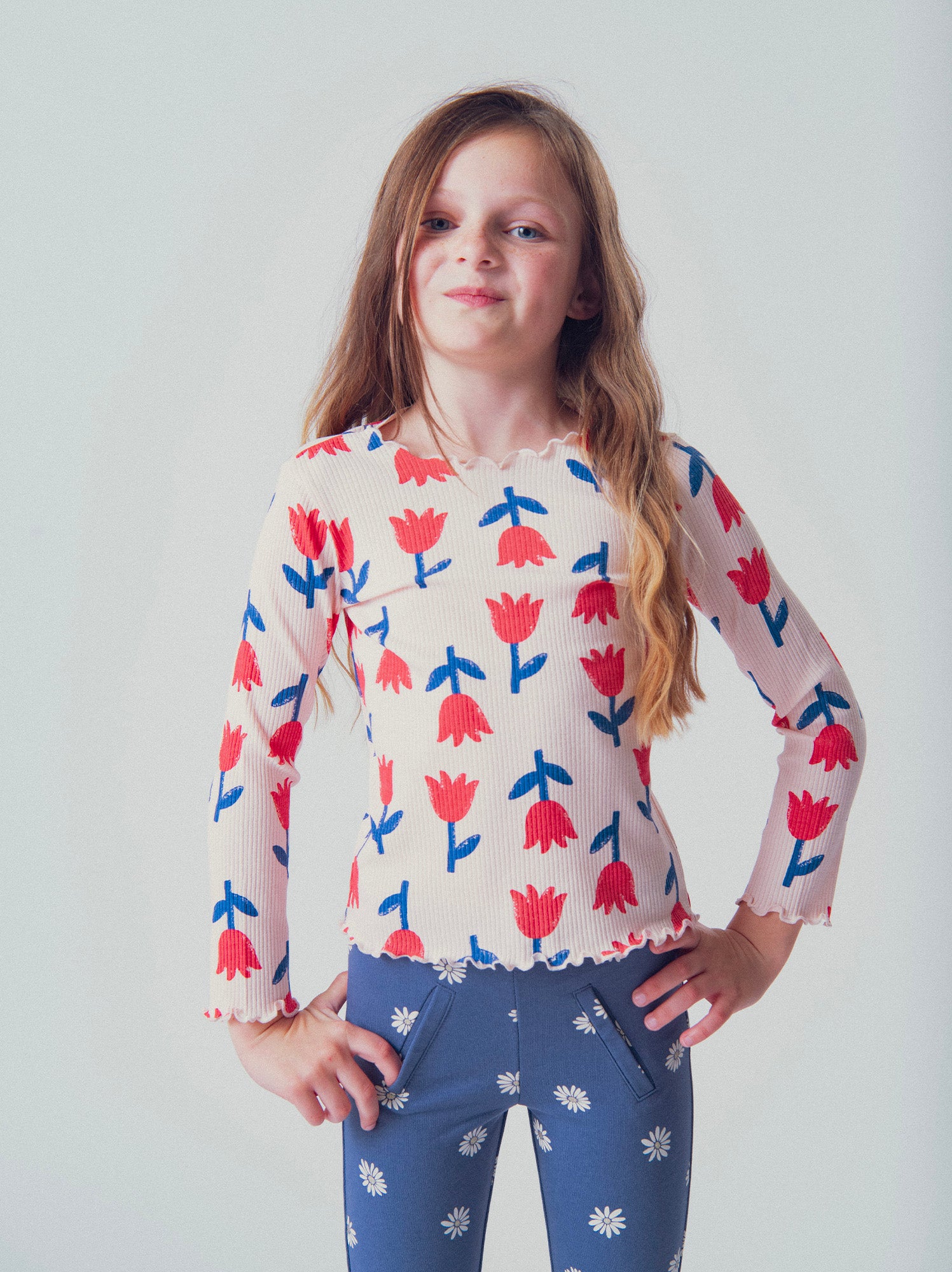 Langarmshirt mit Rippstruktur und Mohnblumenprint für Mädchen