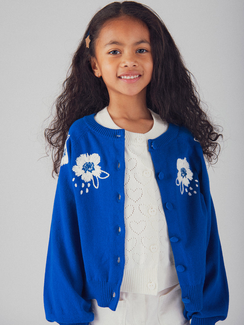 Blauer Cardigan mit Blumenstickerei für Mädchen