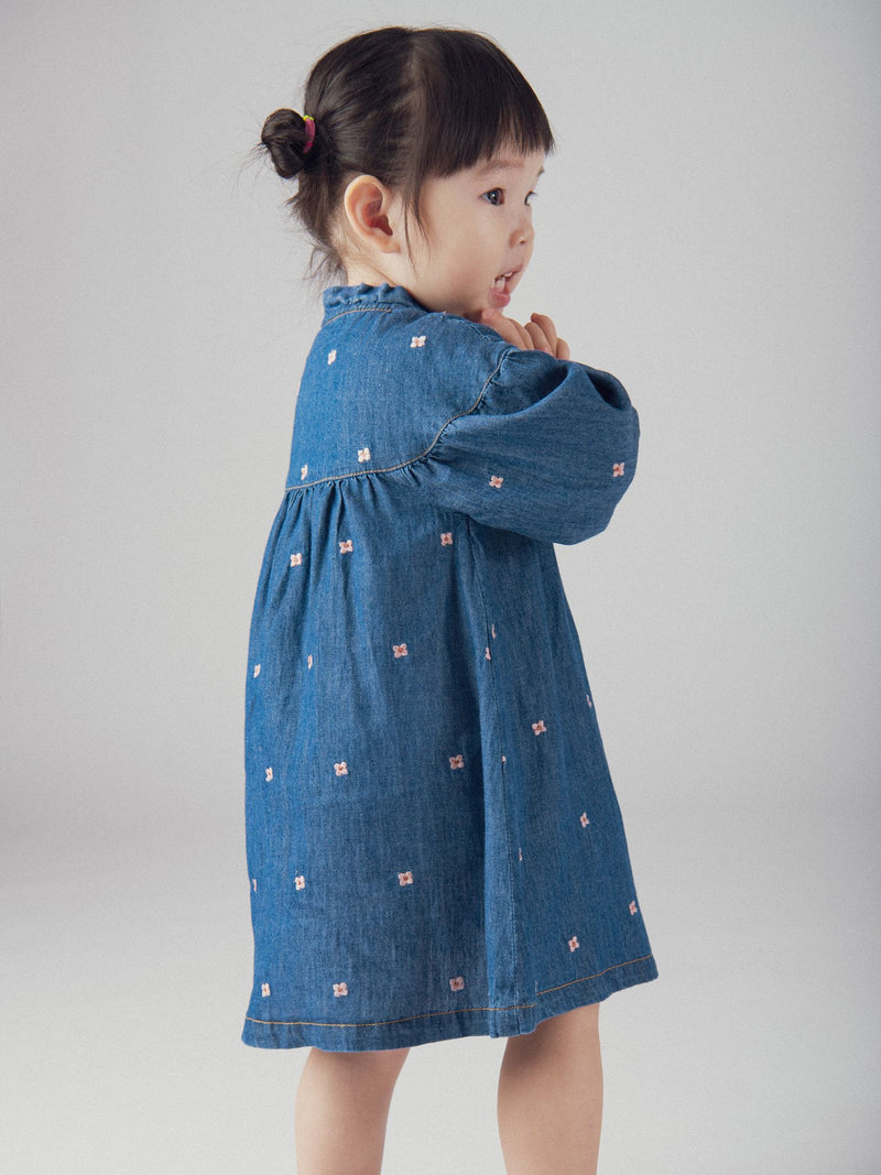 Leichtes Denim-Kleid mit Blumenstickerei für Baby-Mädchen