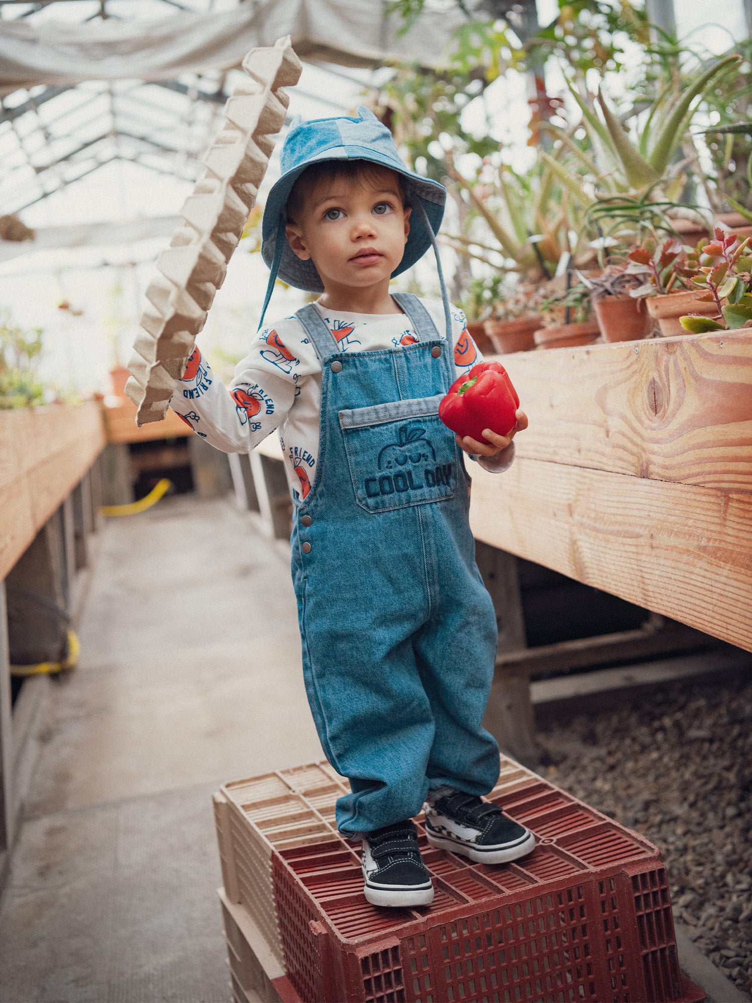 Zweifarbige blaue Latzhose mit Apfelmotiv für Baby-Junge