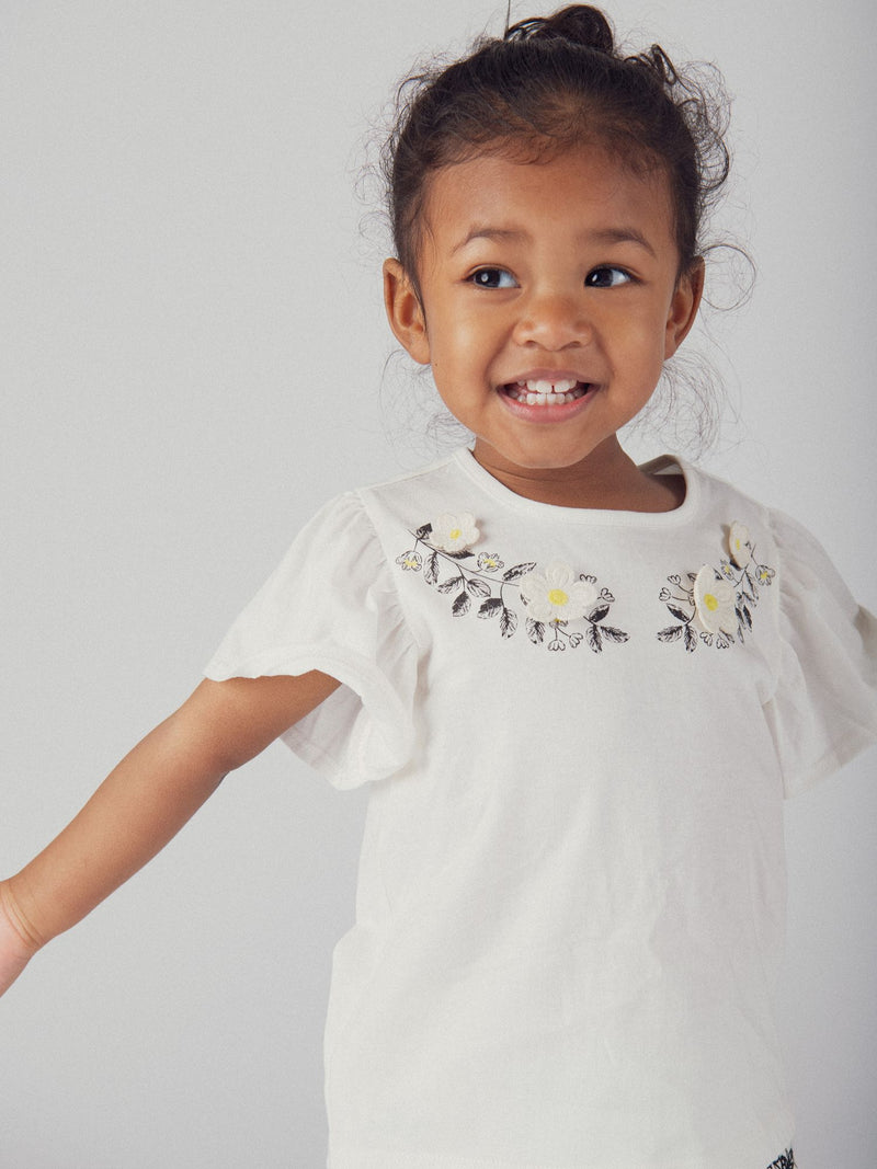 Ecru besticktes Blümchen-T-Shirt mit Rüschensleeves für Mädchen