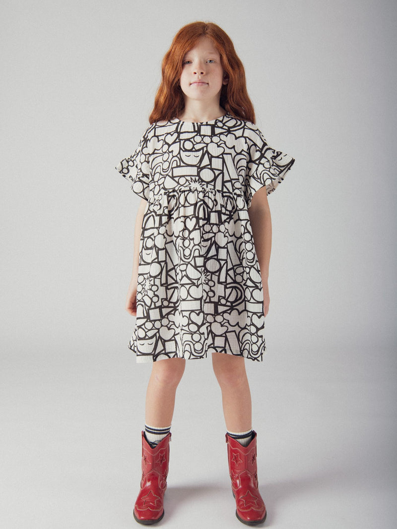 Grau-weißes Kleid mit grafischem Druck für Mädchen