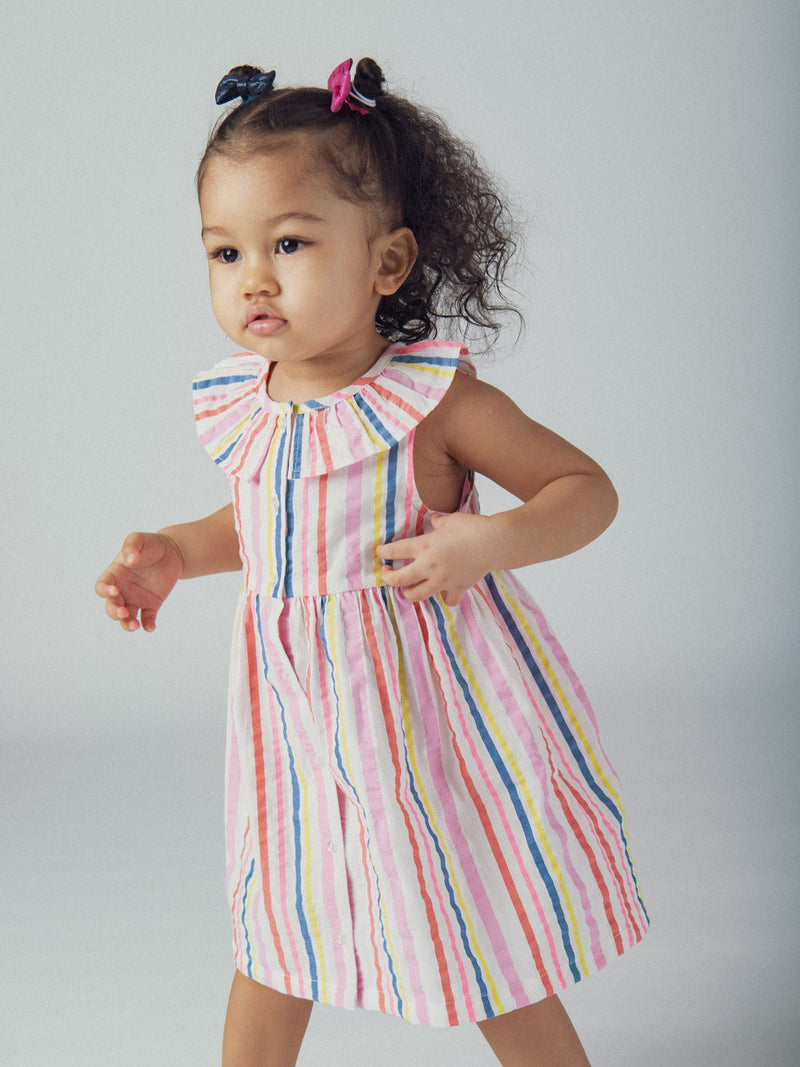 Mehrfarbiges gestreiftes Kleid mit Rüschenkragen für Mädchen