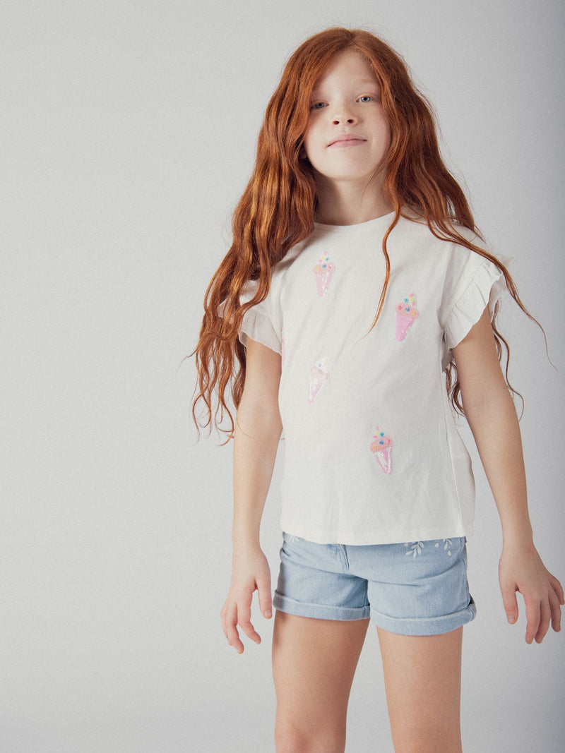 Blaue Denim-Shorts mit floralem Stickerei für Mädchen