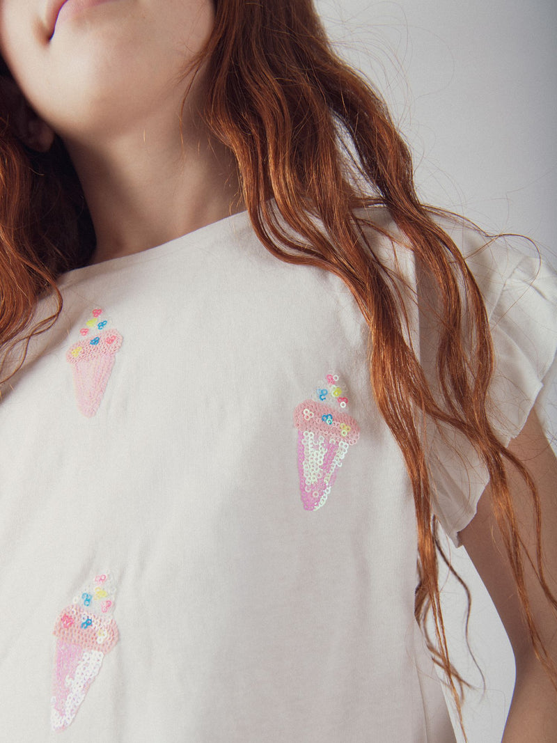 Ecru T-Shirt mit Glitzer-Eisanimation für Mädchen