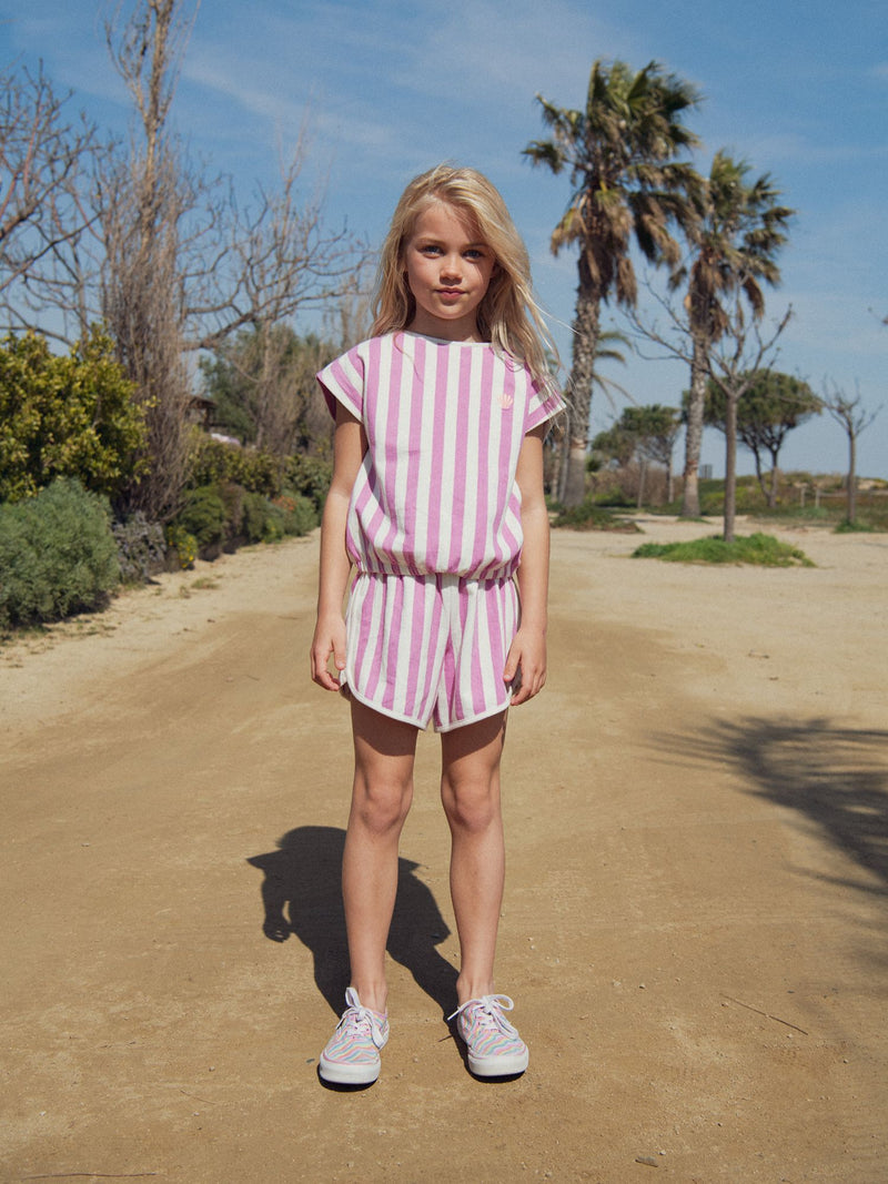 Gestreiftes T-Shirt in Rosa und Ecru für Mädchen
