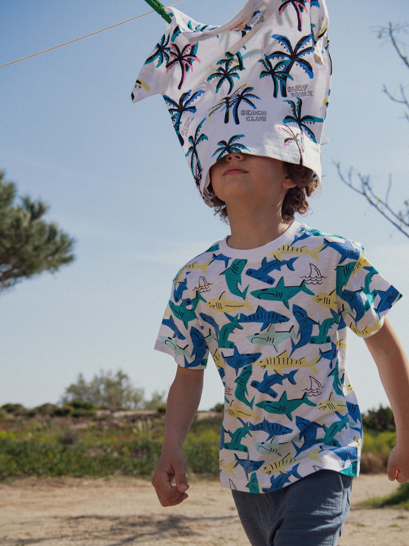 Weißes T-Shirt mit Hai-Print für Jungen