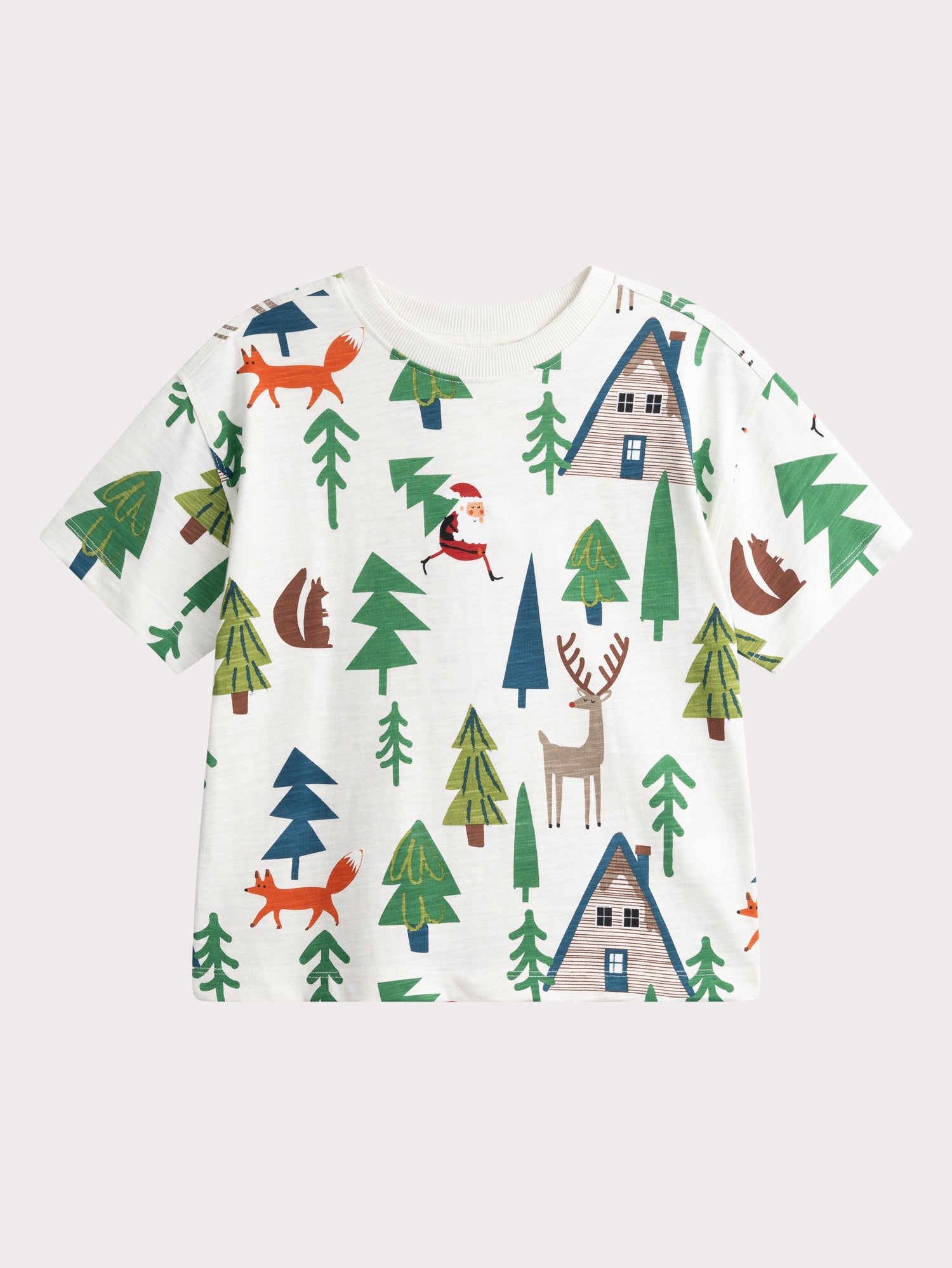 Kurzarm-T-Shirt in Ecru mit Weihnachtsdruck für Jungen